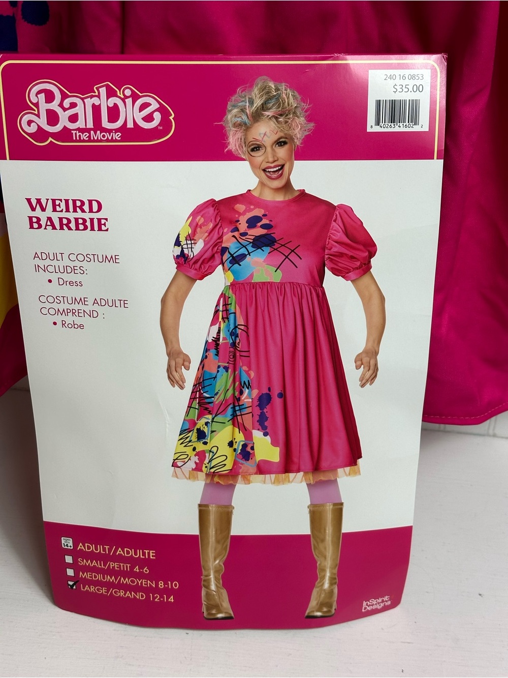 Weird Barbie Hot Pink Dress Costume with Multicolor Graphic Panel..women’s Large